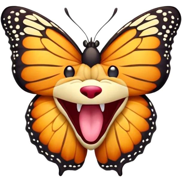 Cinematic Realistic Cute Yawning monarch Butterfly Portrait Emoji, Head tilted slightly with a dramatic, wide-open yawn, showcasing soft, downy ruby wings with gentle droop and half-closed, drowsy eyes rendered in exquisite natural detail, high shine, relaxed yet expressive, styled with a dash of delicate floral charm, soft glowing outline, capturing the essence of a sleepy yet affectionate red butterfly that appears ready to rest its vibrant wings in quiet slumber! emoji