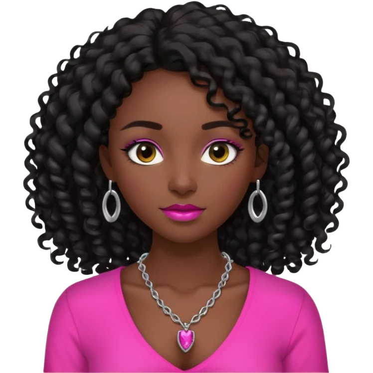 Dark skin girl with long black curly hair with 4 edges 2 on each side wearing a hot pink v-cut neckline shirt with a simple silver necklace emoji