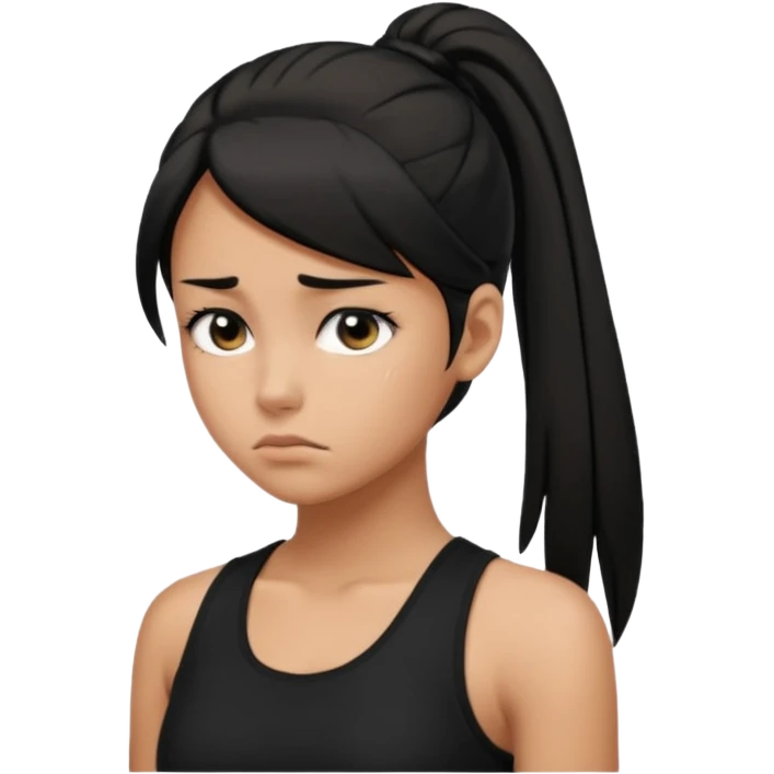 a tan girl with a black ponytail, black tank top, . Looking sad emoji