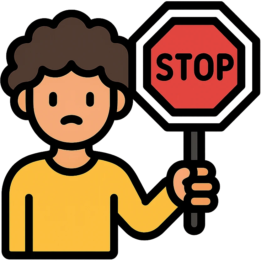 brunette person with curly hair holding a stop sign, color outline icon emoji