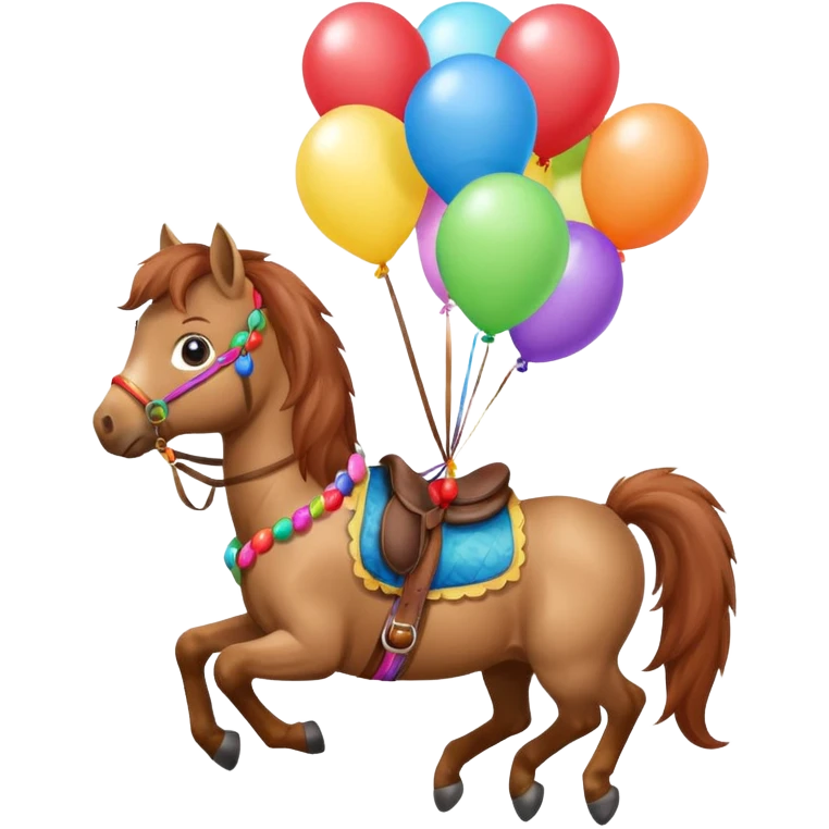 A small pony holding colorful balloons tied to its saddle, looking cheerful. emoji
