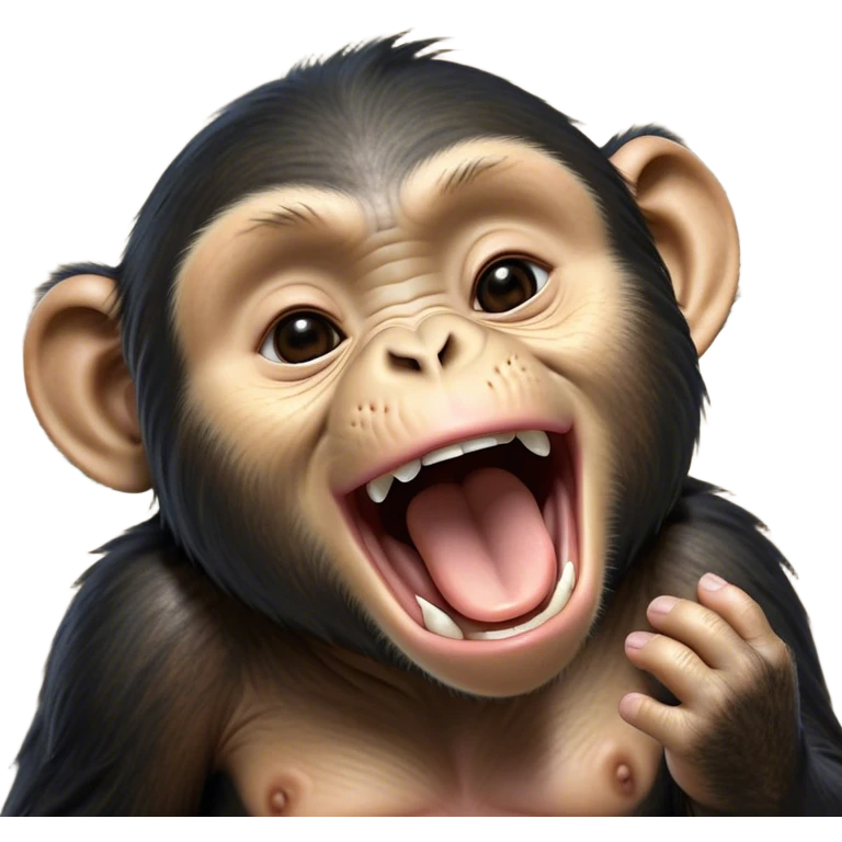 Cinematic Cute Yawning Chimpanzee Portrait Emoji, Head tilted slightly with a dramatic, wide-open yawn, showcasing a gently textured face with half-closed, drowsy eyes and an open, relaxed expression, Simplified yet irresistibly adorable features, highly detailed, glowing with a soft, cozy glow, high shine, relaxed yet expressive, stylized with a dash of whimsical primate charm, soft glowing outline, capturing the essence of a drowsy yet affectionate guardian that seems ready to stretch out for a nap! emoji