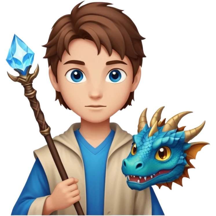 teenager with brown hair, blue eyes, magic staff, part dragon, tall, and strong emoji