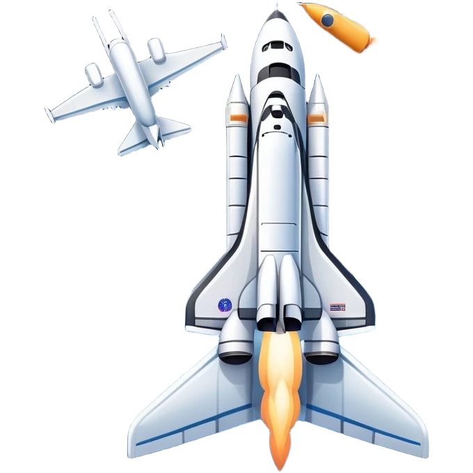 An icon featuring a space shuttle and an airplane against a starry sky, symbolizing aerospace technology. The design includes rocket boosters and satellite orbits, representing the exploration of space and advanced aviation. Transparent background emoji
