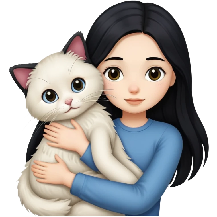 A girl with long black  hair tightly hugged a Ragdoll emoji
