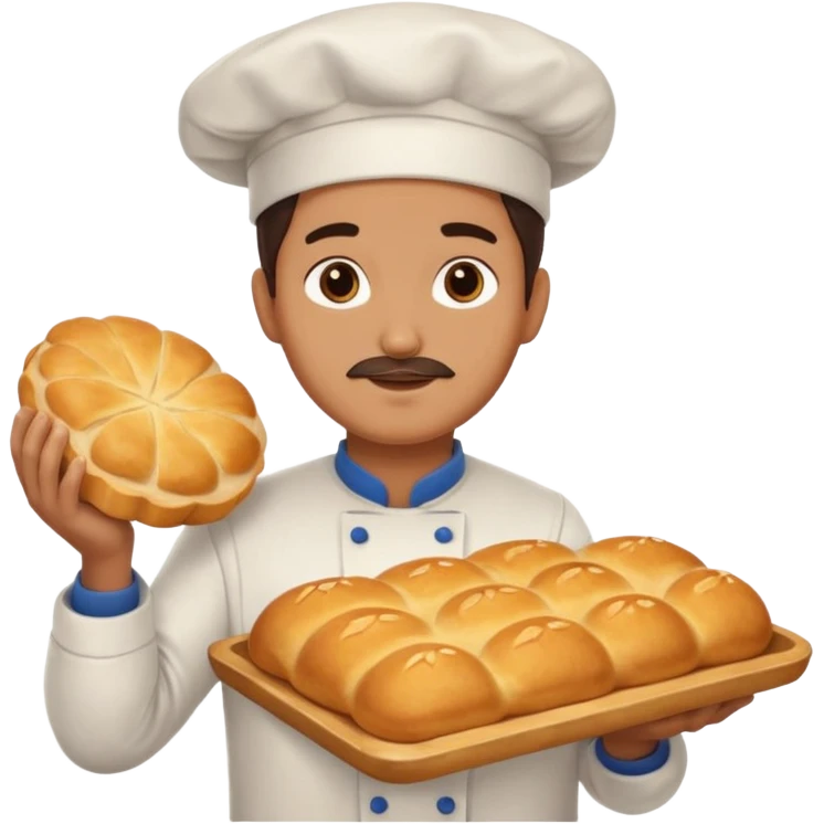 baker holding tray with big bread emoji