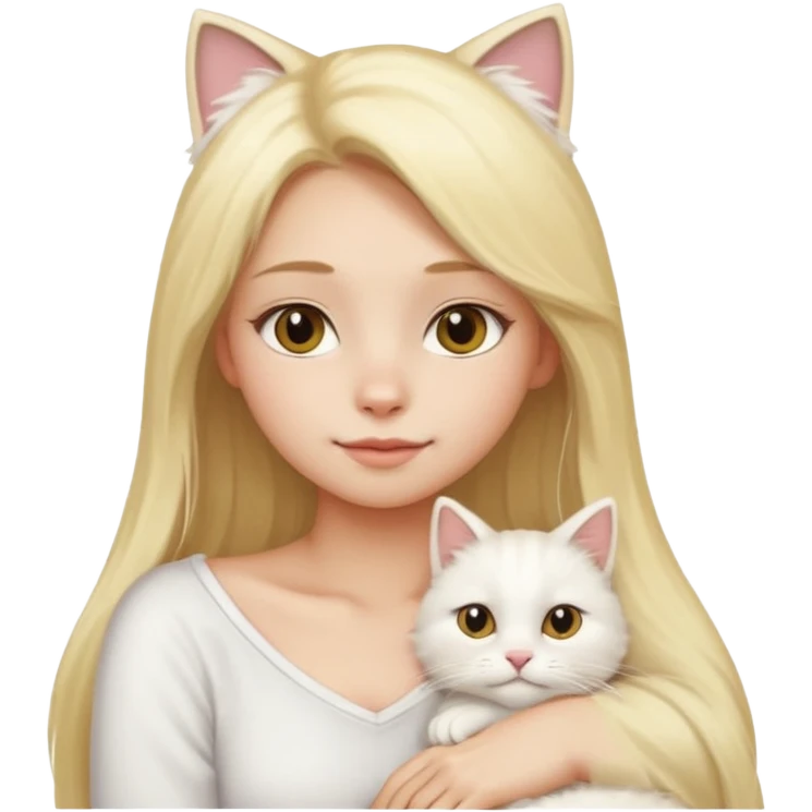 a girl with long blonde hair and a white fluffy cat lying on her left shoulder and neck, emoji style emoji