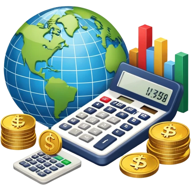 An icon featuring a calculator, a dollar sign, and a chart with upward trends, symbolizing economics. The design includes coins, bills, and a globe, representing global trade and financial systems. Transparent background highlights the study of markets, supply, and demand. emoji