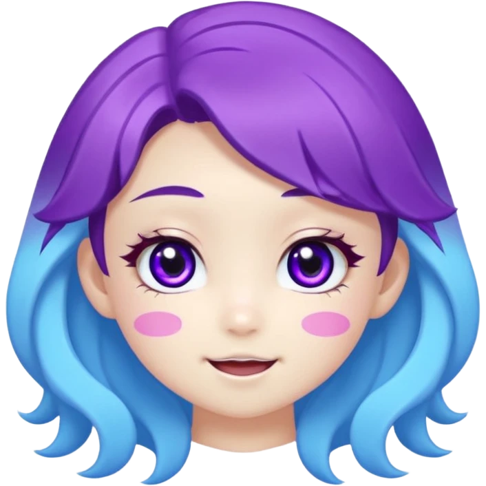 
de color azul claro brillante con manchas orgánicas en tonos morado y violeta.El rostro es expresivo y kawaii, con ojos grandes y brillantes, cejas pequeñas y una sonrisa abierta con lengua rosada. Estilo moderno, limpio y tierno, ideal como emoji, sticker o mascota digital.
 emoji