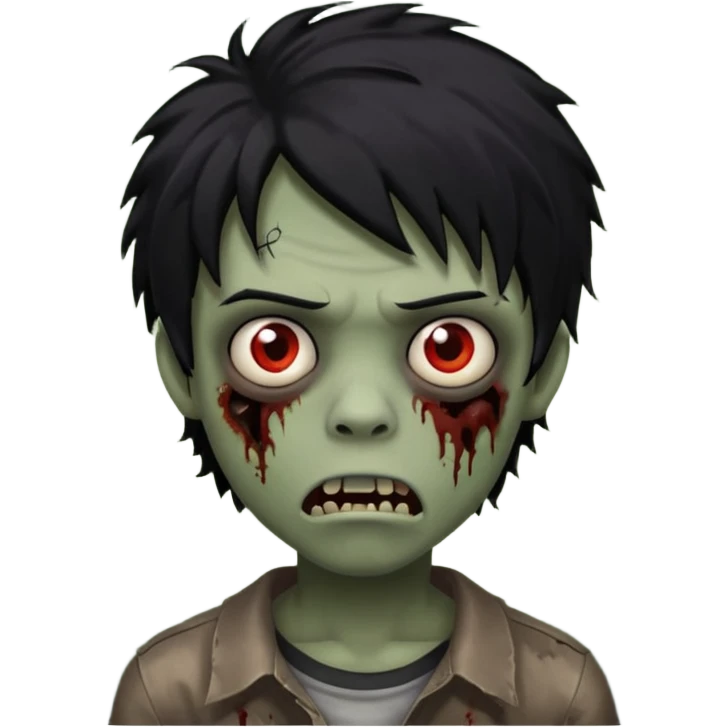 Boy, zombie, black hair, medium long and wavy, emo, shaggy, dark, spooky, creepy expression emoji