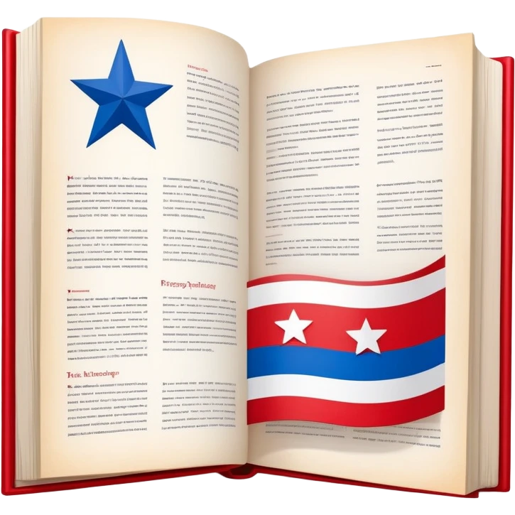 Theater scenography book with pages forming the Puerto Rican flag design, red and blue stripes with white star, showing stage elements and set designs emoji