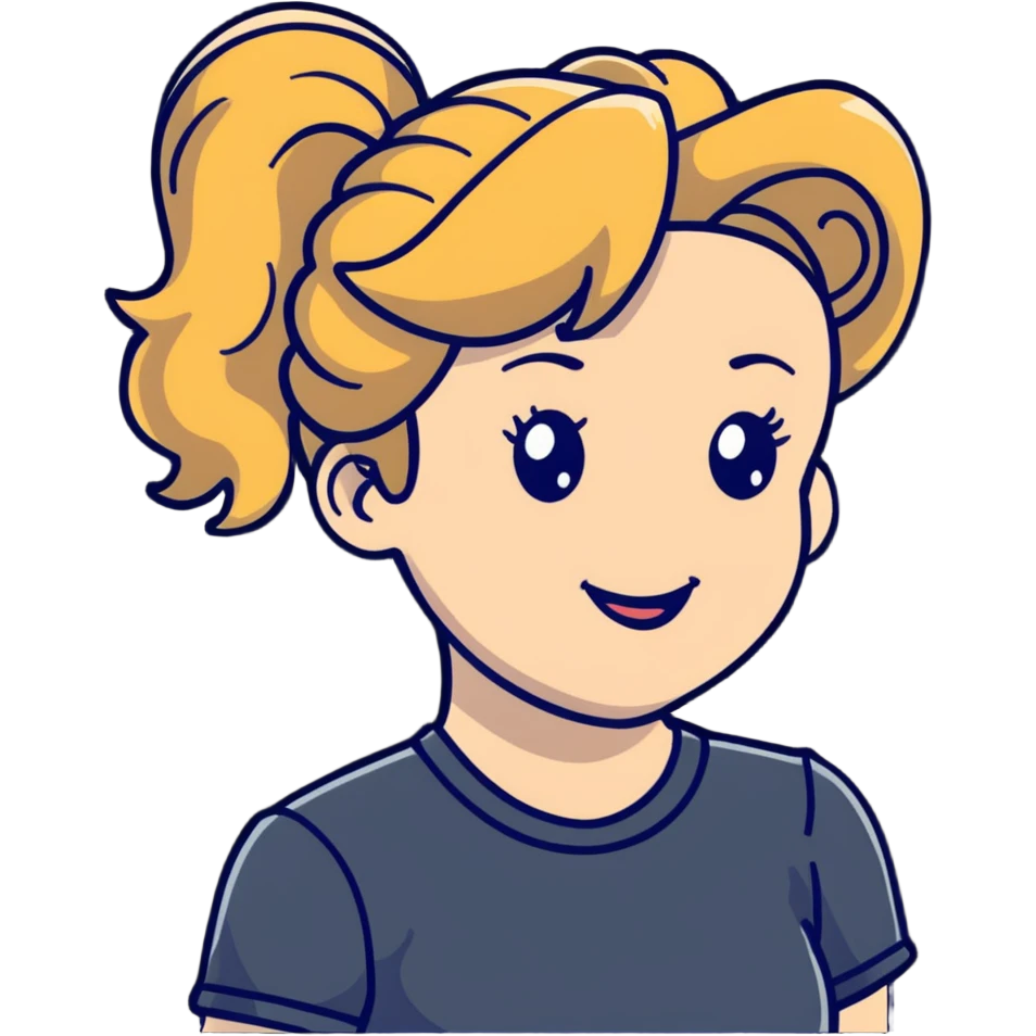 girl cruise director with curly dirty blonde hair in a ponytail, very happy emoji