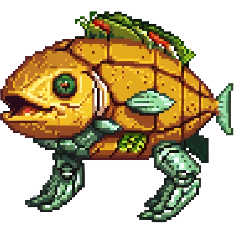 a cyborg robotic salmon who's torso is made from a filled crunchy taco, with lettuce salsa meat and cheese. he is fish taco bot man his face and head, tail, and fins are metallic robotic construction, he has a slit visor across his face where his eyes should be like cyclops emoji