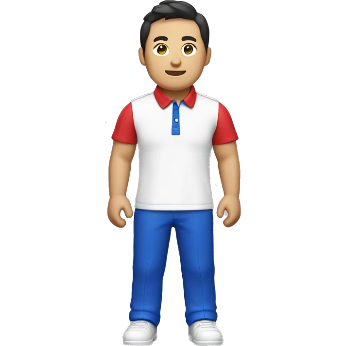 heyoon jeong with white polo shirt with red collar and cobalt blue sleeves emoji