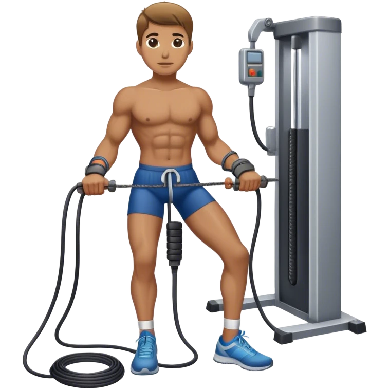athlete standing next to cable-machine with cable tied to ankle cuffs (for leg exercise) emoji