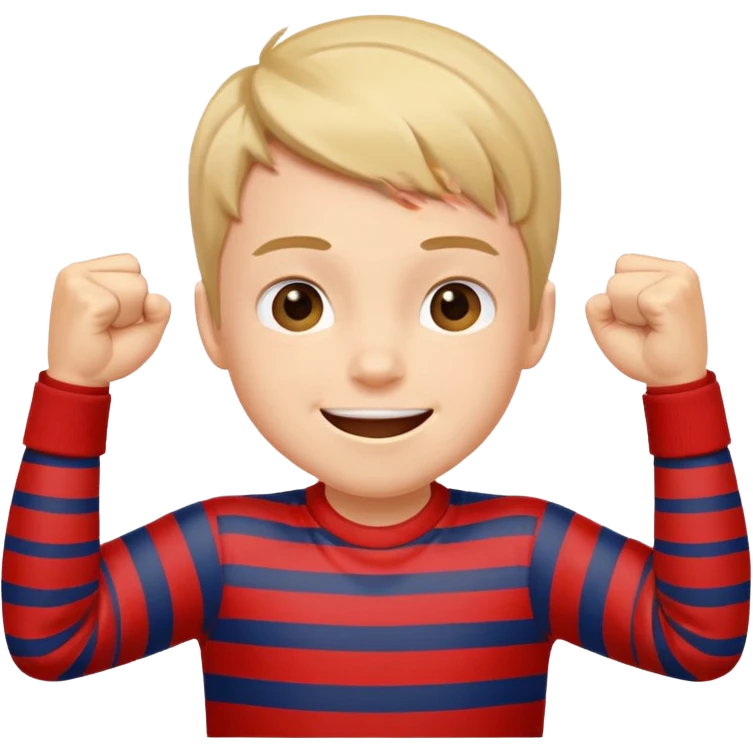 A boy with stripes across his cheeks, raising his fists in excitement. emoji