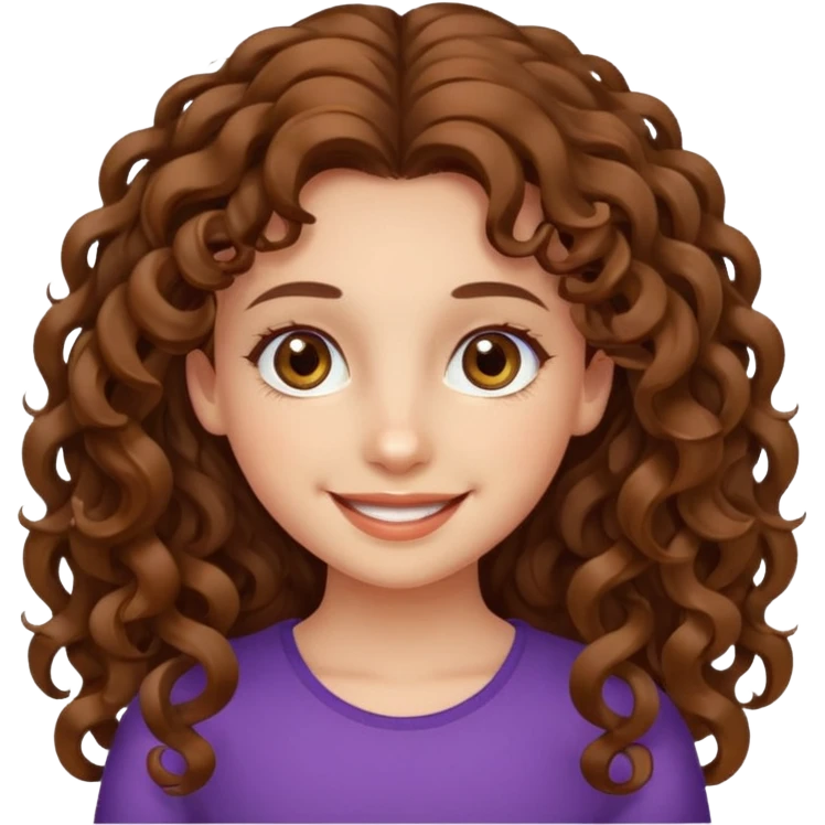 A girl with long curly brown hair, fair skin and beautiful hazel eyes, smiling.  emoji