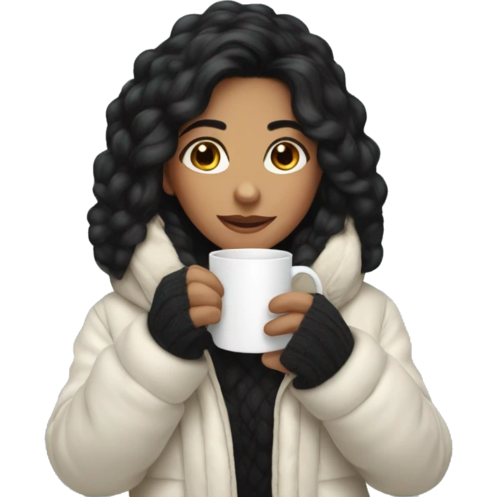 a girl with black hair drink a cup of tea at the winter emoji