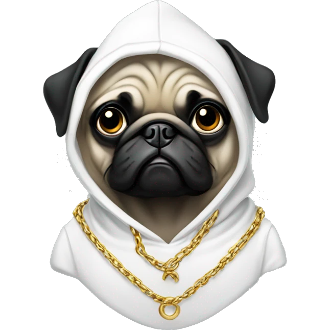 Black Pug wearing white hoodie and gold chains emoji