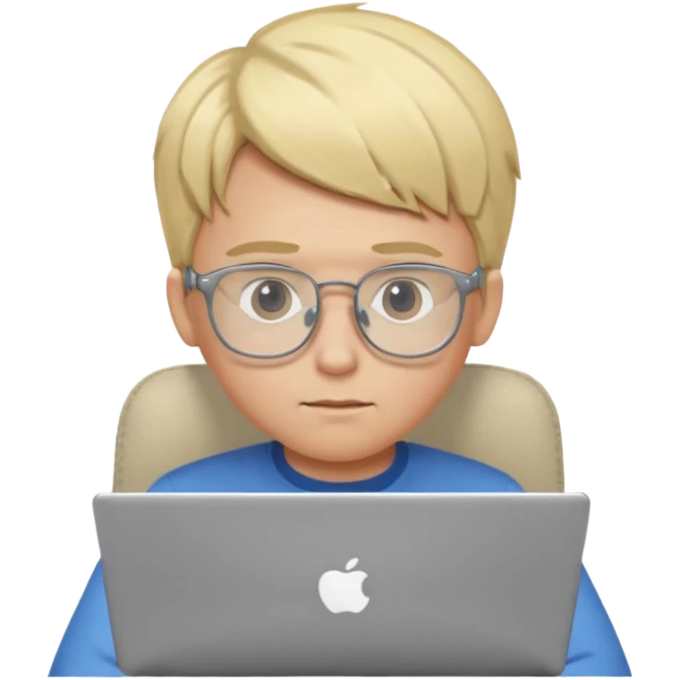 Blonde boy using laptop wearing clear glasses emoji
