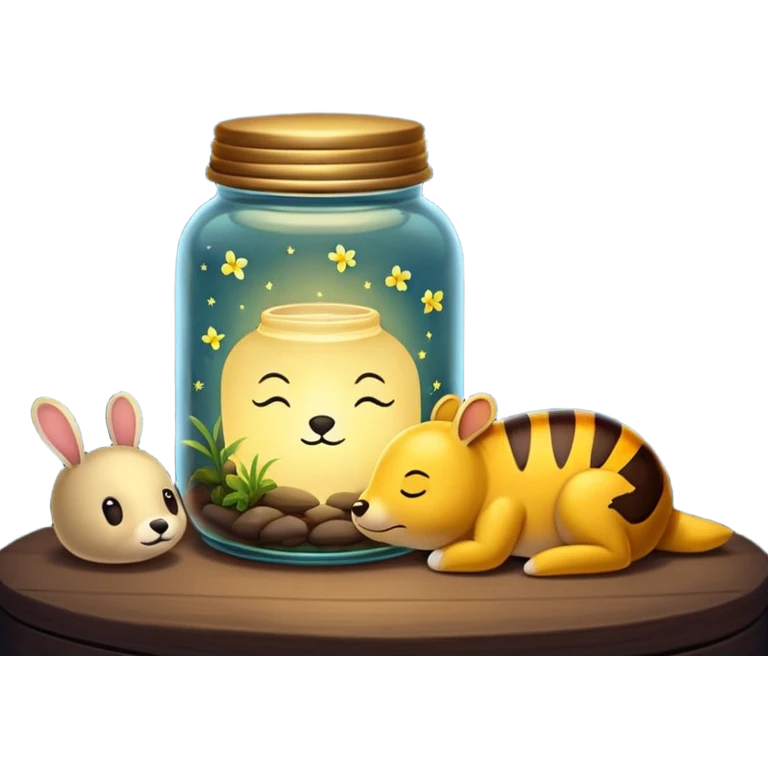 firefly jar used as night lamp beside sleeping critter emoji