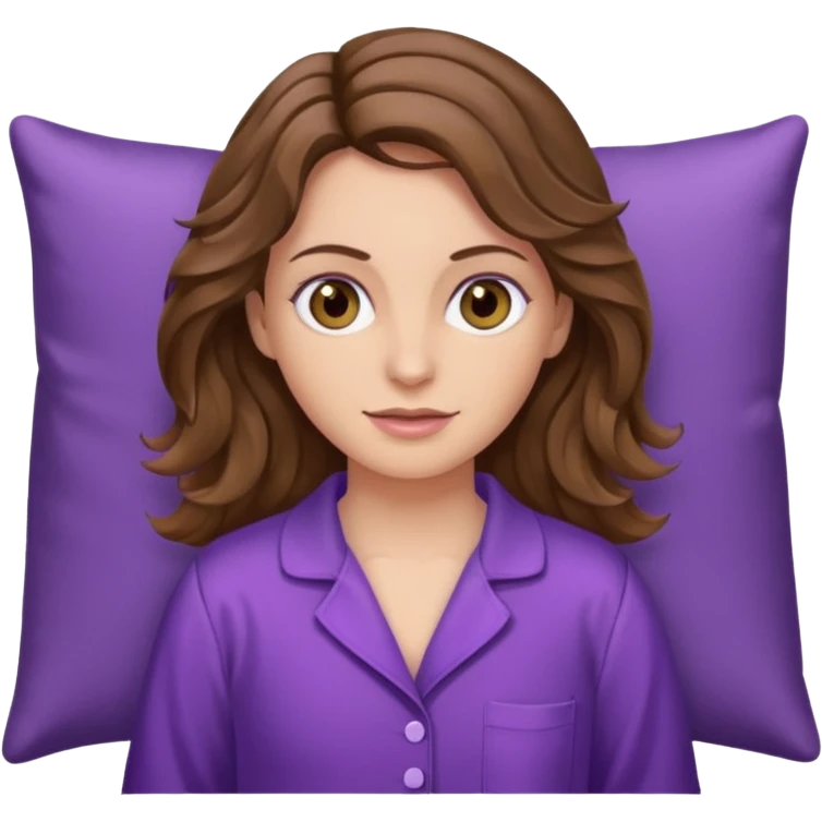 Mujer castaña ondulada blanca de ojos color miel con pijama morada emoji