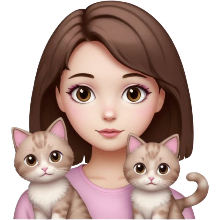 girl with short brown hair, pink soft girl aesthetic, cute makeup, skincare, sparkles, two light brown ragdoll cats emoji