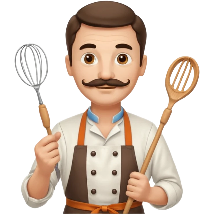 Middle-aged male pastry chef – mustache, wearing apron and whisk in hand
 emoji