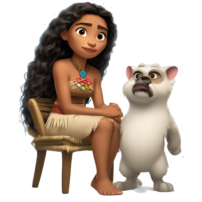 The hero Pua from the cartoon Moana sits on a chair. Moana is standing nearby. White background emoji