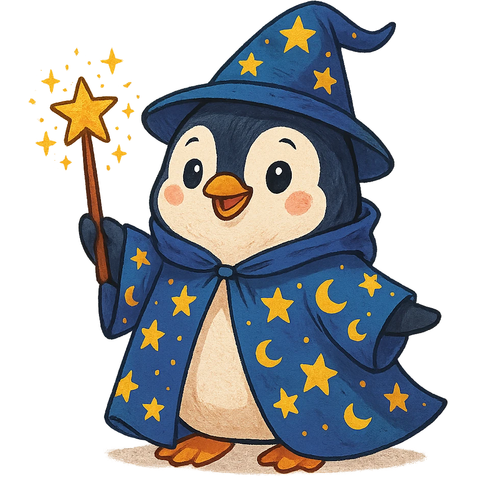 a cartoon penguin wizard with a starry cloak and wand, whimsical and colorful character illustration emoji