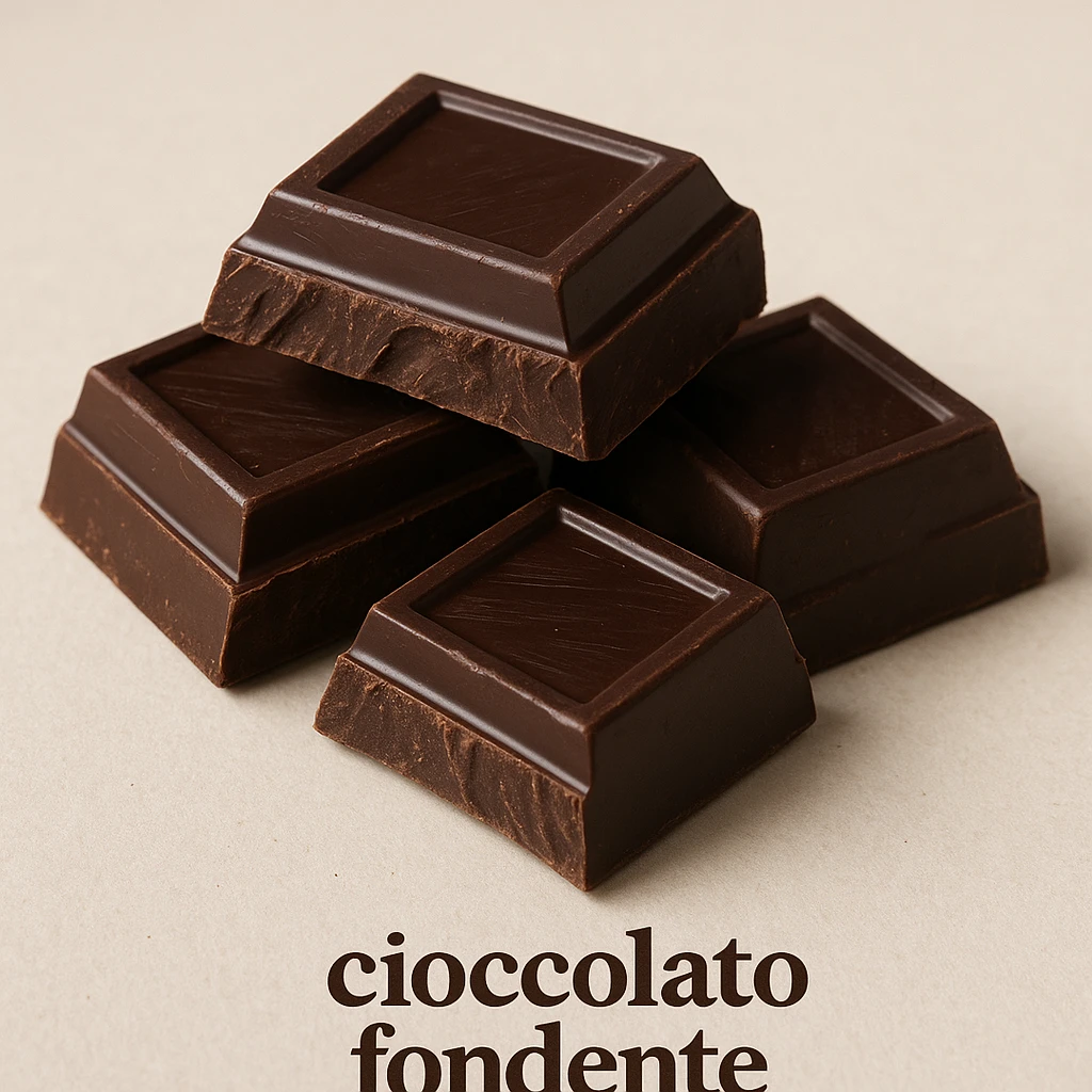 photo realistic pieces of dark chocolate on a light background with the label 'cioccolato fondente' in Italian emoji