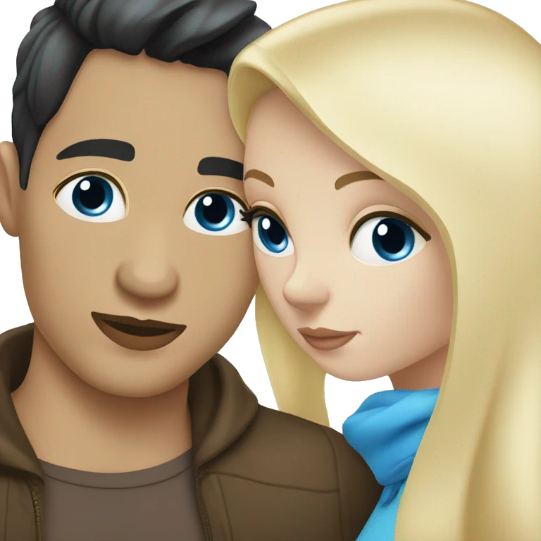 Blond woman with blue eyes kiss white man with black hair and blue eyes emoji