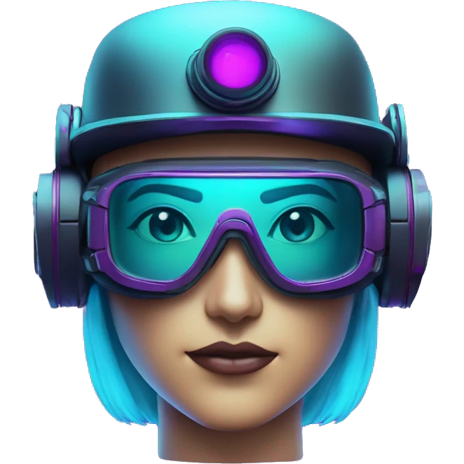Secret humanoid agent in a futuristic hat with in Apple VR goggles headset code display on the goggles , cyberpunk, cyan and purple colors, only upper body portrait, front facing the camera  emoji