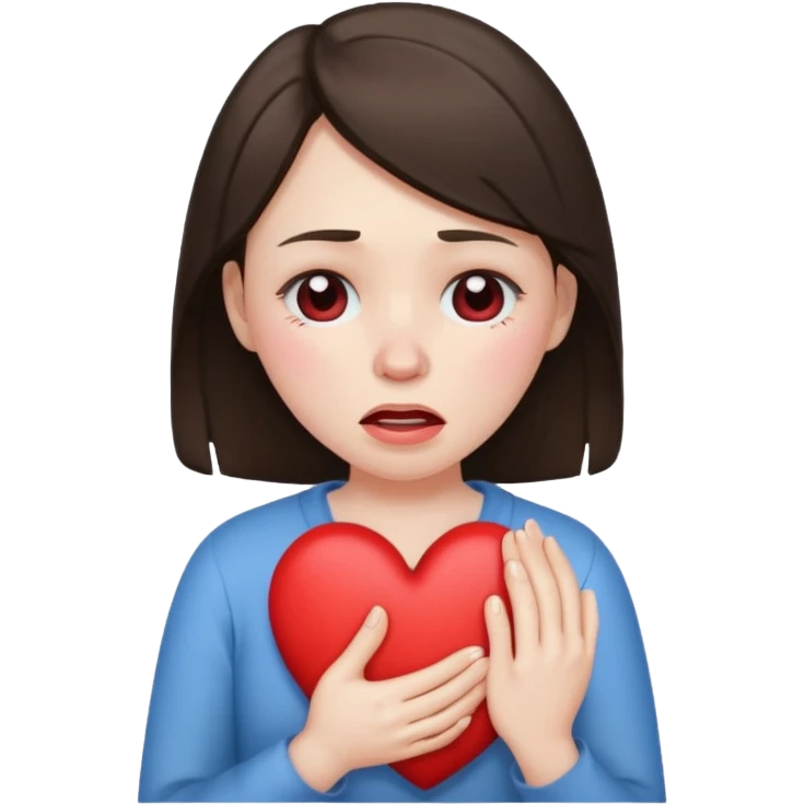 A brunette woman crying and holding a heart  emoji