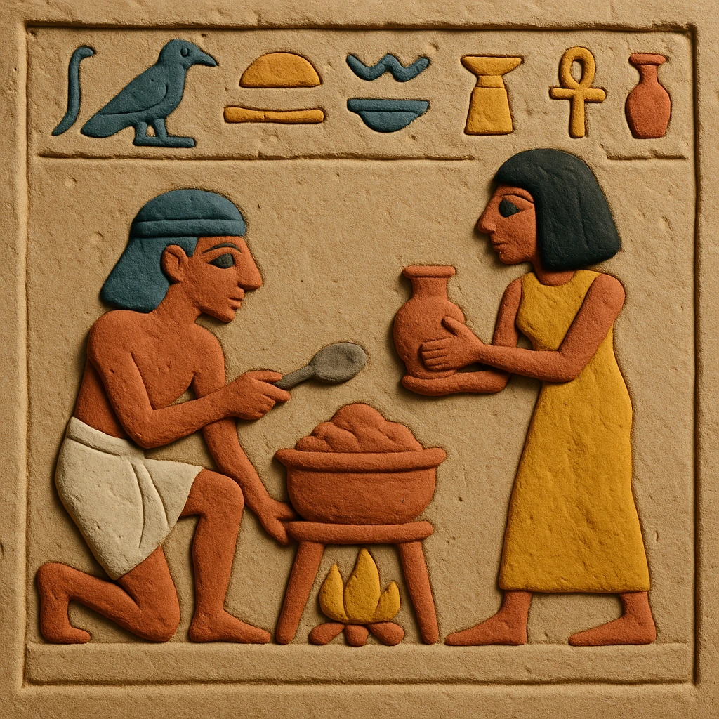 ancient Egyptian cooking scene in hieroglyphic style emoji