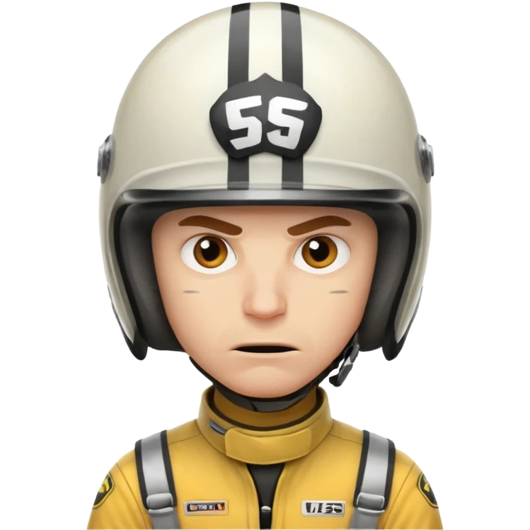 white male racer in helmet, crazy look, taking risks, very serious face, angry emoji