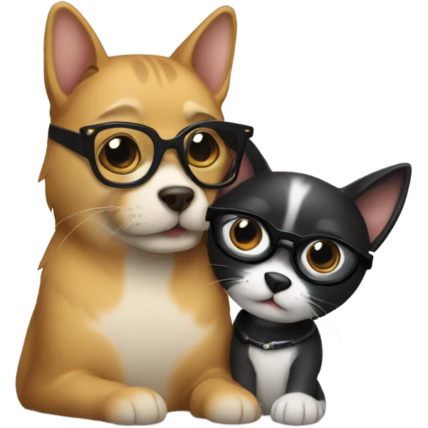 a cat in black glasses hugs a dog in black glasses emoji