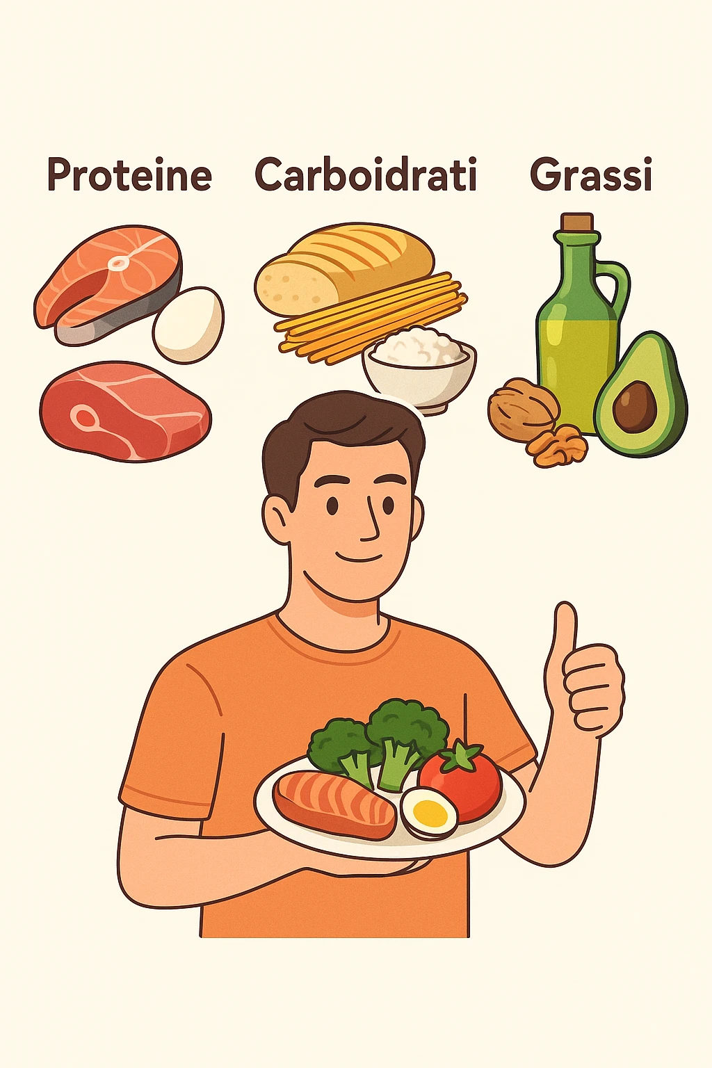 uomo che fa alimentazione attraverso i giusti macronutrienti. Scritte in ITALIANO emoji