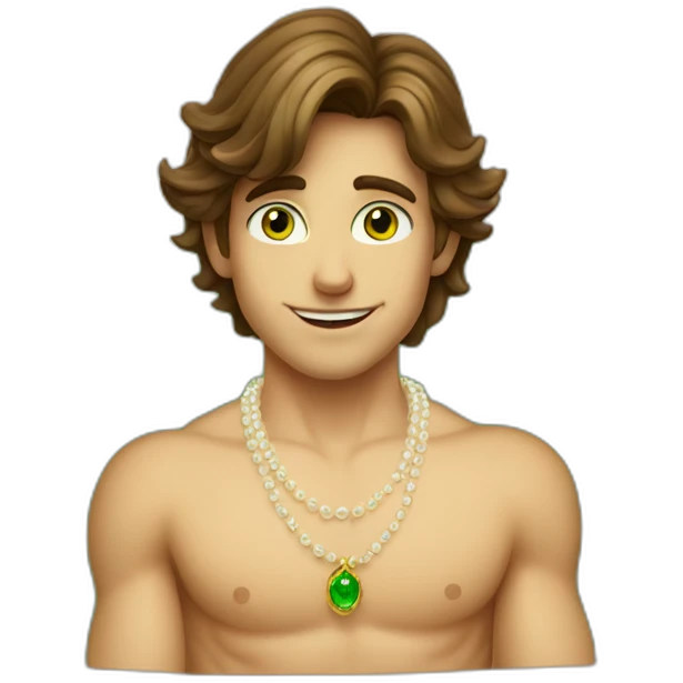 Posh-muscle-boy-brown-hair-green-eyes-pearl-necklace-in-golden-bathtub emoji