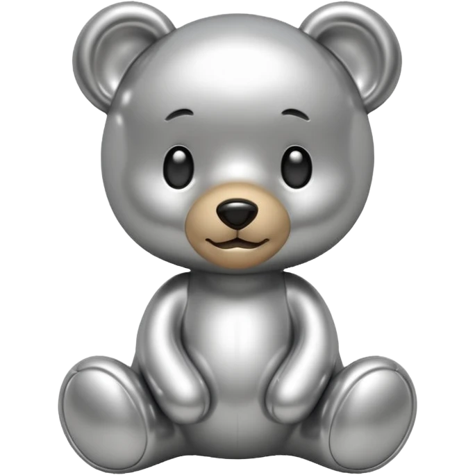 A cute teddy bear emoji made of liquid silver chrome, smooth rounded body, glossy metallic surface, soft reflections, friendly proportions, iOS emoji style, centered, clean white background emoji