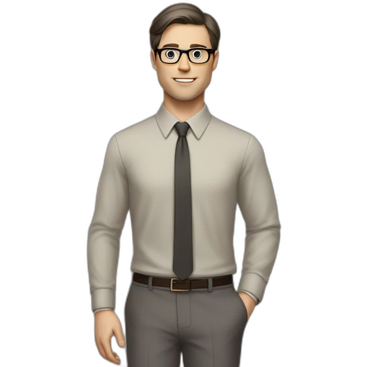 Full height Pale skinned Fit Man With dark brown hair in classic gray suit, beige office shirt, dark gray tie, and vintage glasses. His right hand is directed up emoji