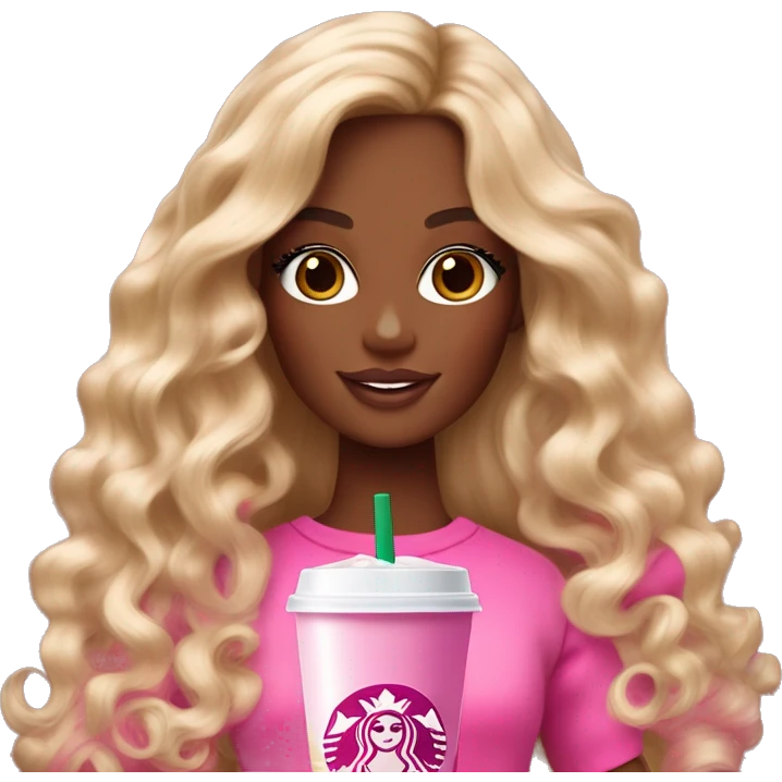 Barbie girl with brown and blonde ombré long curly hair holding Pink starbucks refresher emoji