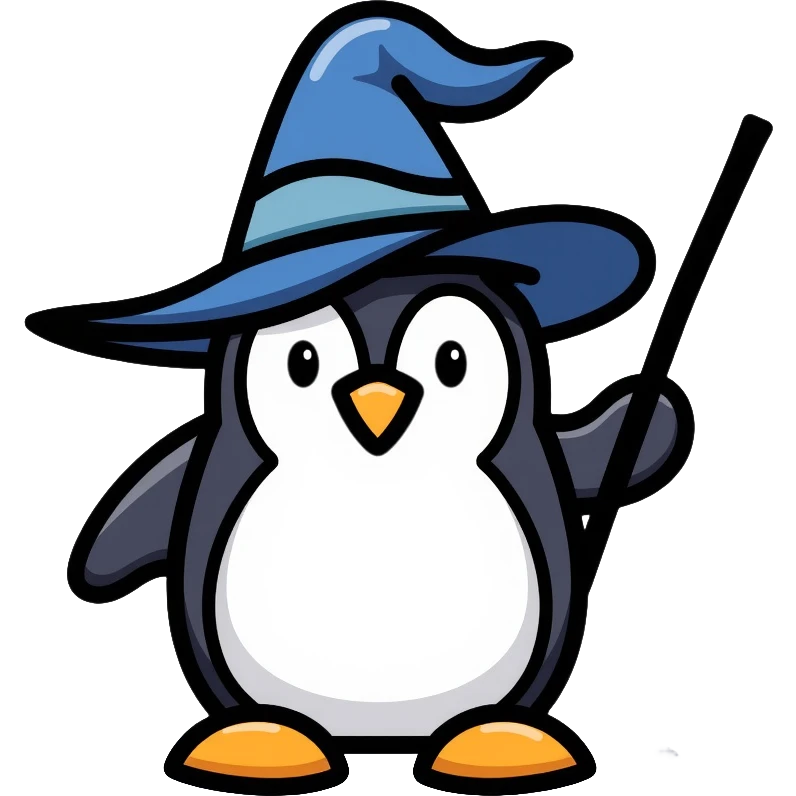 wizard penguin wearing a pointy wizard hat and holding a magic wand emoji