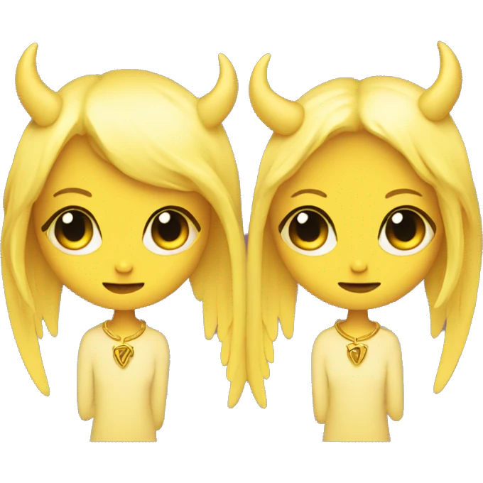 Yellow gemini twins one with angel wings other with devil horns  emoji