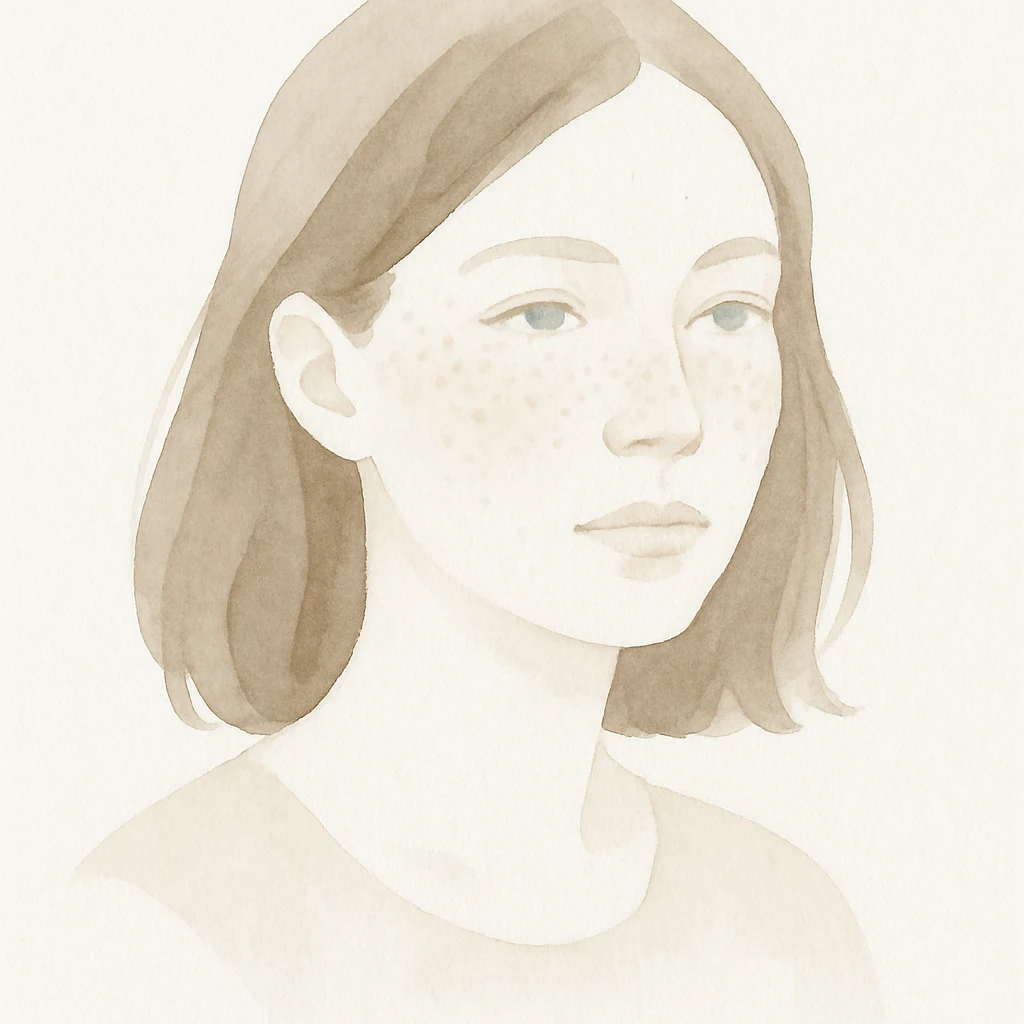 portrait of a white woman with freckles, shoulder-length brown hair, soft watercolor style emoji