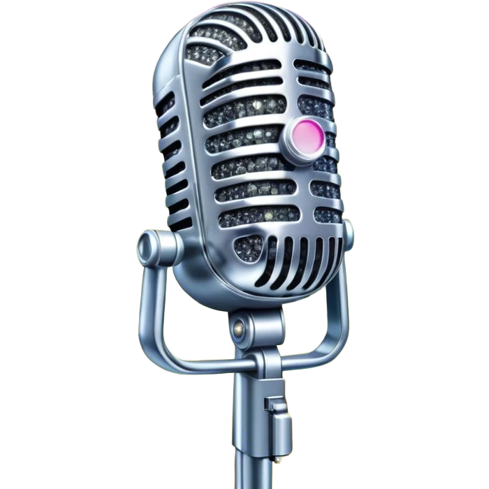 Create a glamorous and vibrant emoji representing stage vocal performance. The design should feature a humanless collage of classic vintage microphone, stage costume covered in rhinestones, large scene speakers, scene lights. The costume should be stylized, with glittering elements like sequins and sparkles, and reflect the glitzy, extravagant nature of show business. The microphone should have a sleek, retro look with chrome or metallic accents. Use rich, dazzling colors like gold, silver, deep purple, and bright red to evoke the glamorous, larger-than-life feel of a stage performance. The background should be transparent. emoji