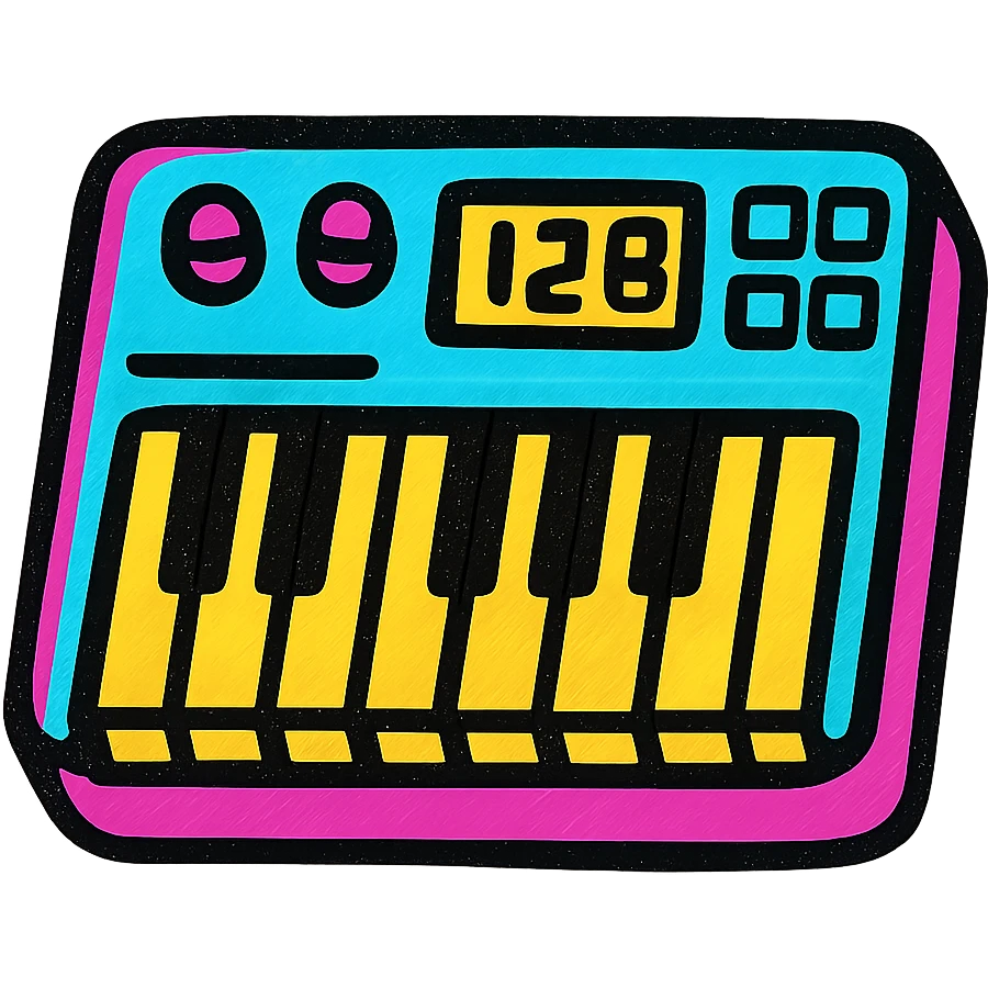 A MIDI keyboard in Pop Colors style, with a futuristic look, metallic accents, digital display, and a mix of vibrant and electric colors. emoji