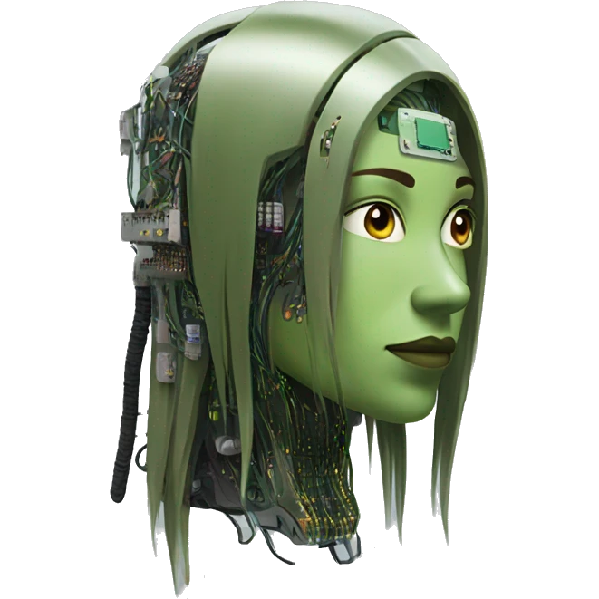 Olive green long hair female cyborg head with circuits emoji
