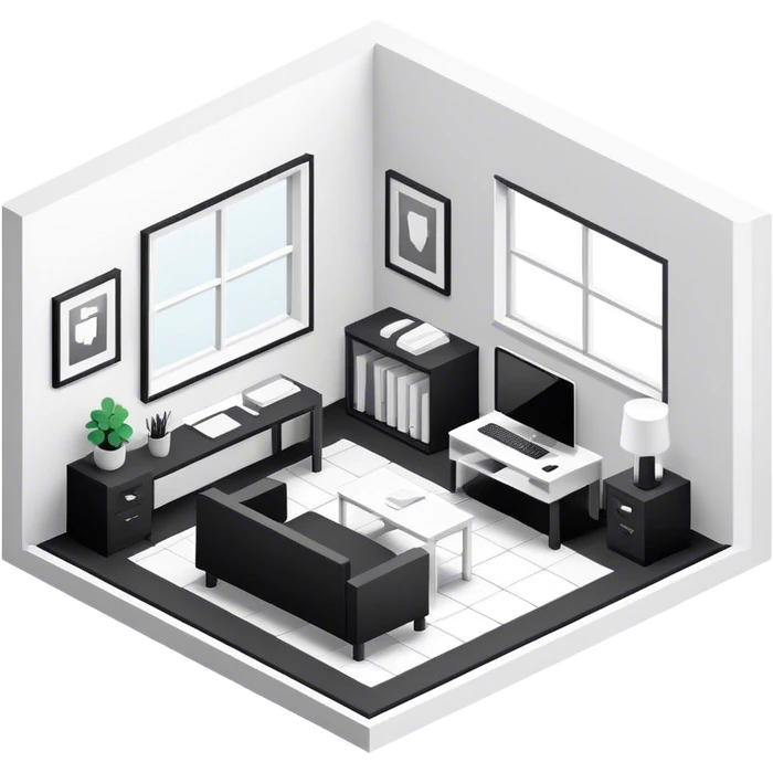 An isometric 3D room with two walls that meet at the back left and right and a Window. Black and White Home Office emoji
