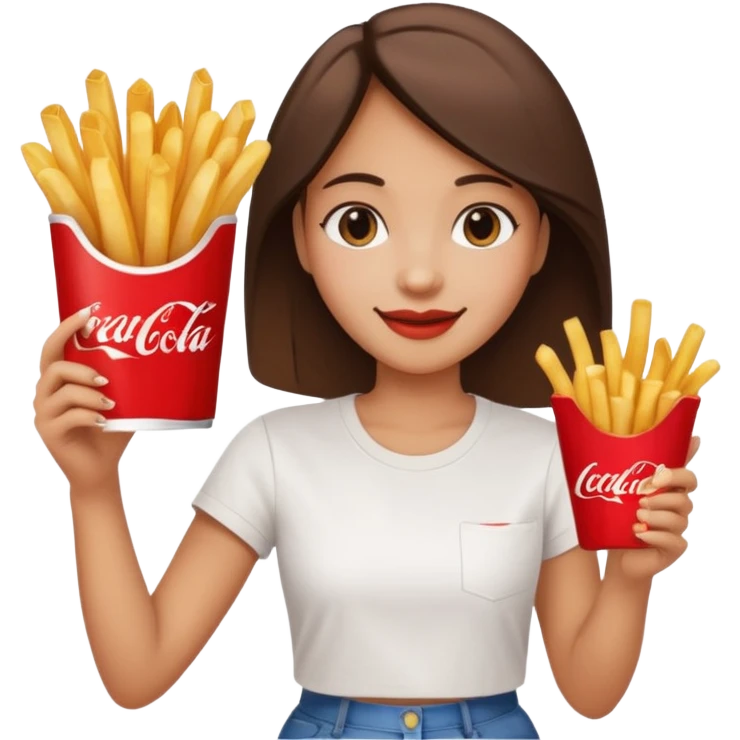 a young woman full length with cola in one hand and french fries in the other hand and a painting under her arm walking left emoji